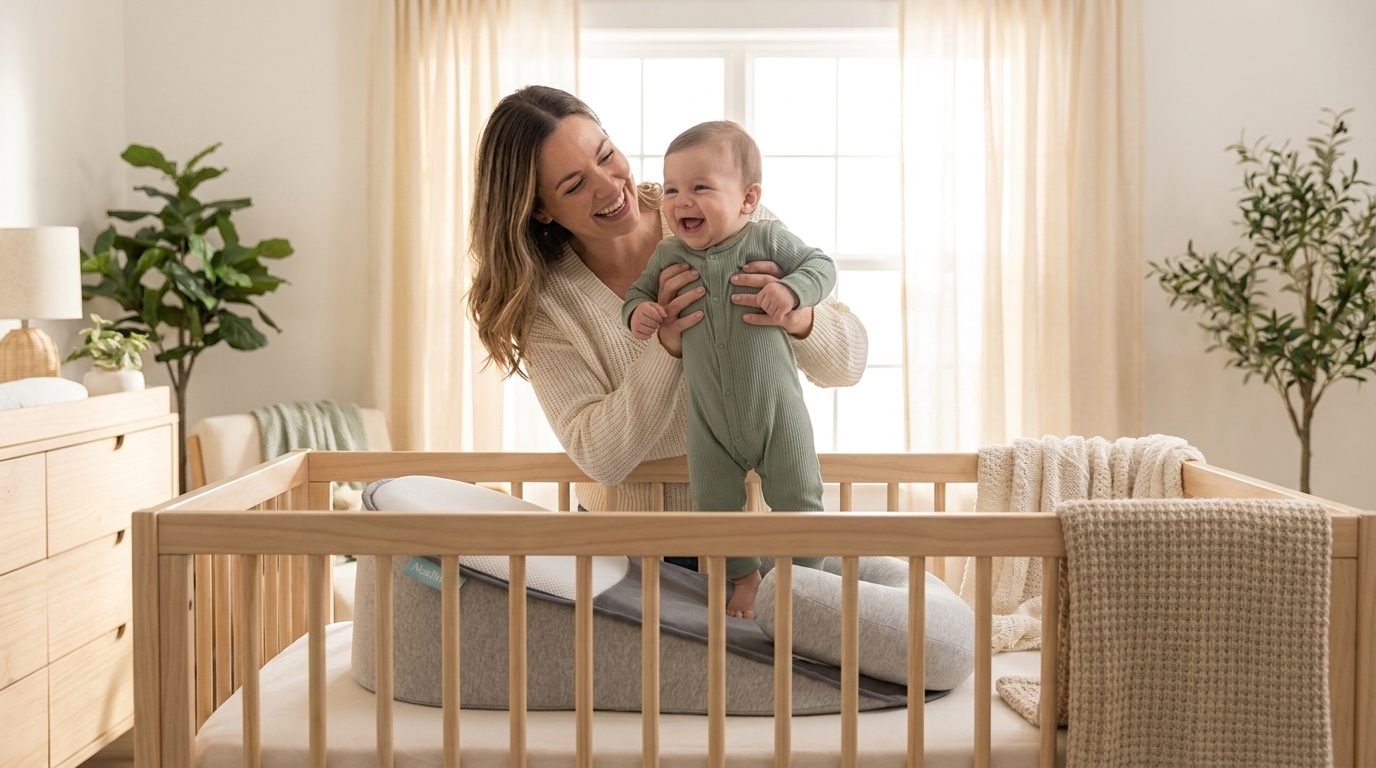 Happy mother lifting her well-rested baby from the NestWell pillow in a bright nursery