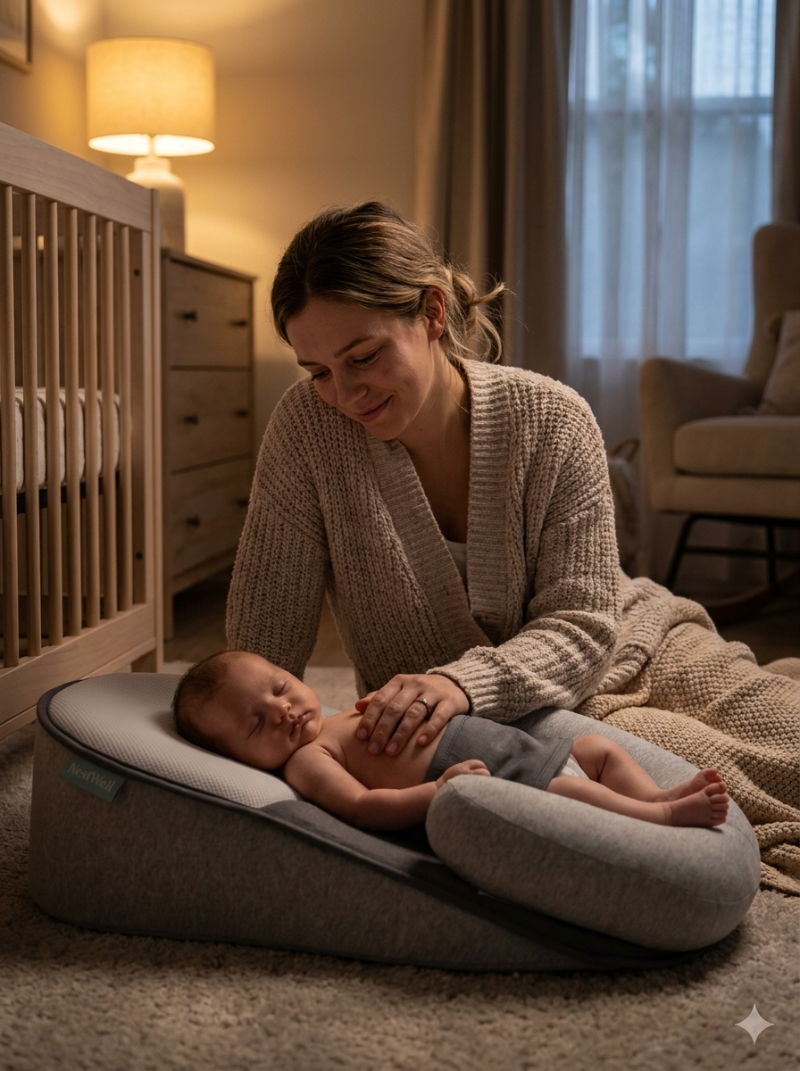 Mother watching her baby sleep peacefully on the NestWell comfort pillow at dusk