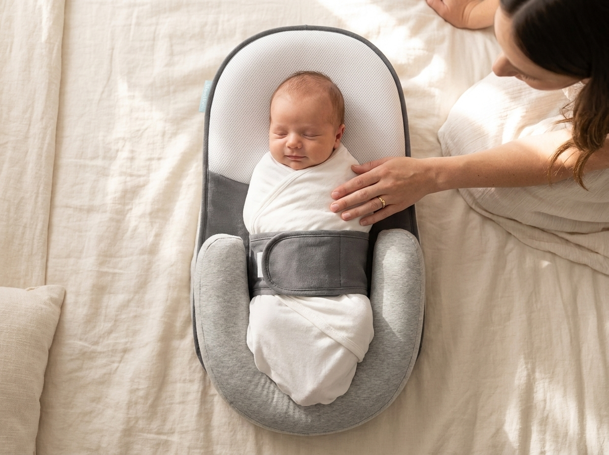Newborn resting safely on the NestWell pillow with the safety strap fastened, parent's hand nearby